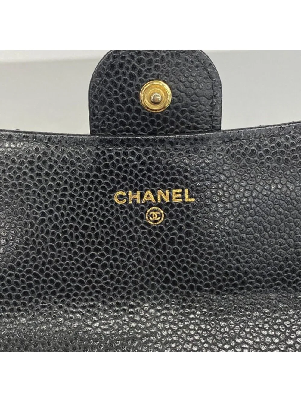 Chanel Wallet Quilted Caviar Leather Black Gold